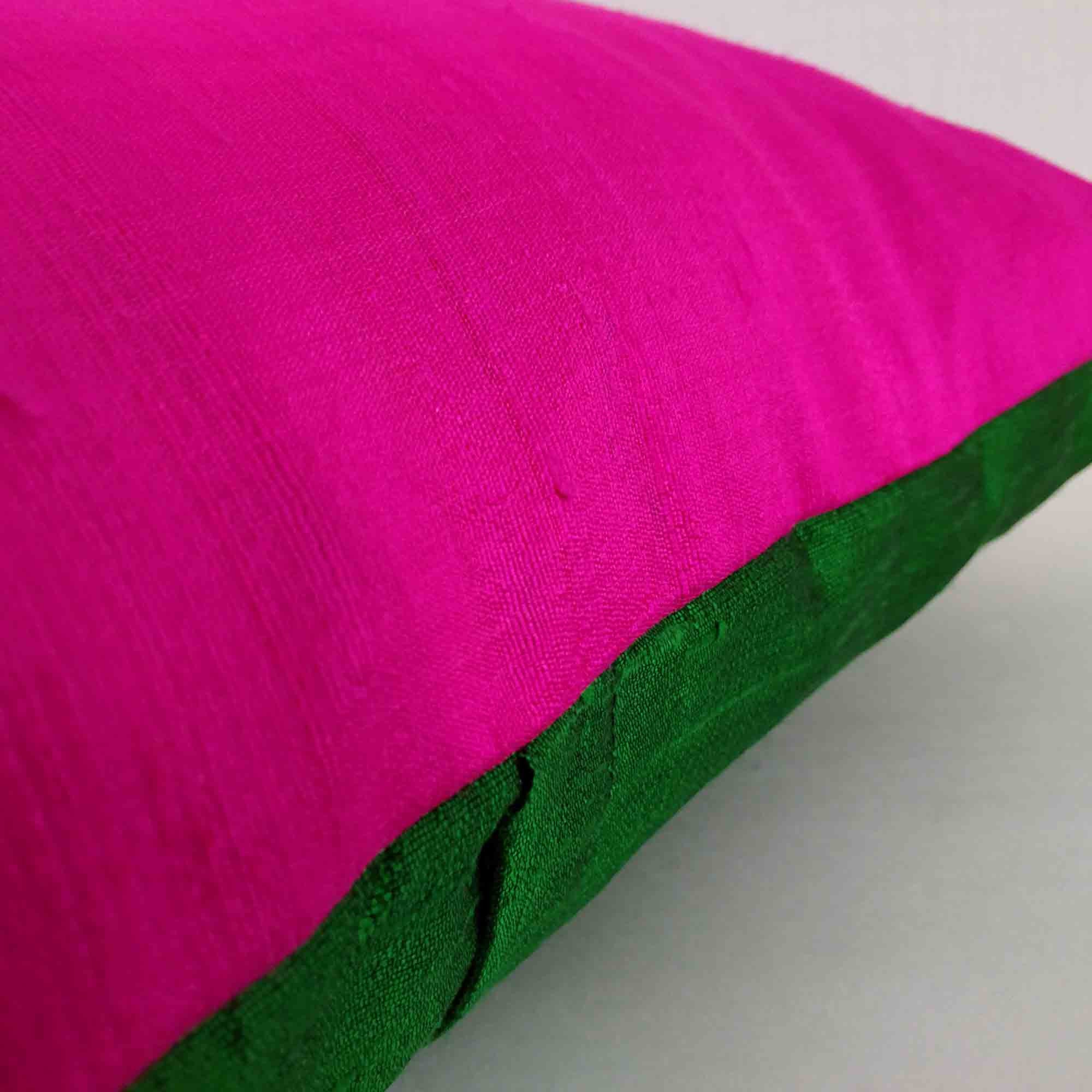 Hot Pink and Emerald Green Color Block Raw Silk Pillow Cover