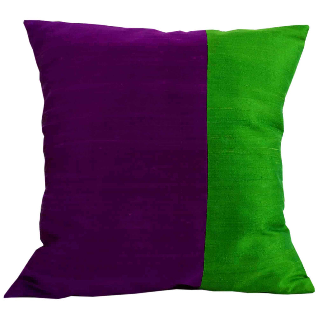 Purple and Emerald Green Color Block Raw Silk Pillow Cover