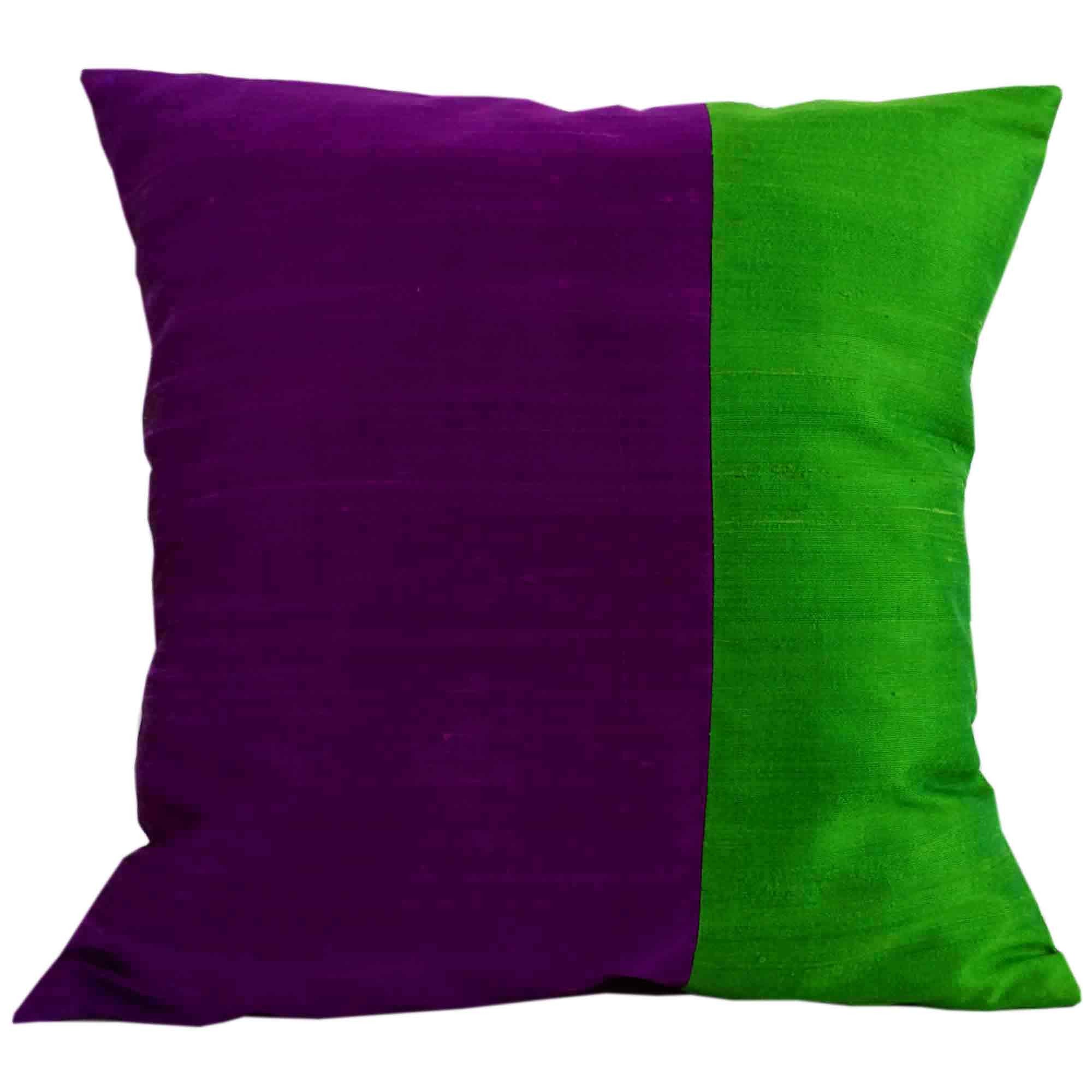 Purple and Emerald Green Color Block Raw Silk Pillow Cover