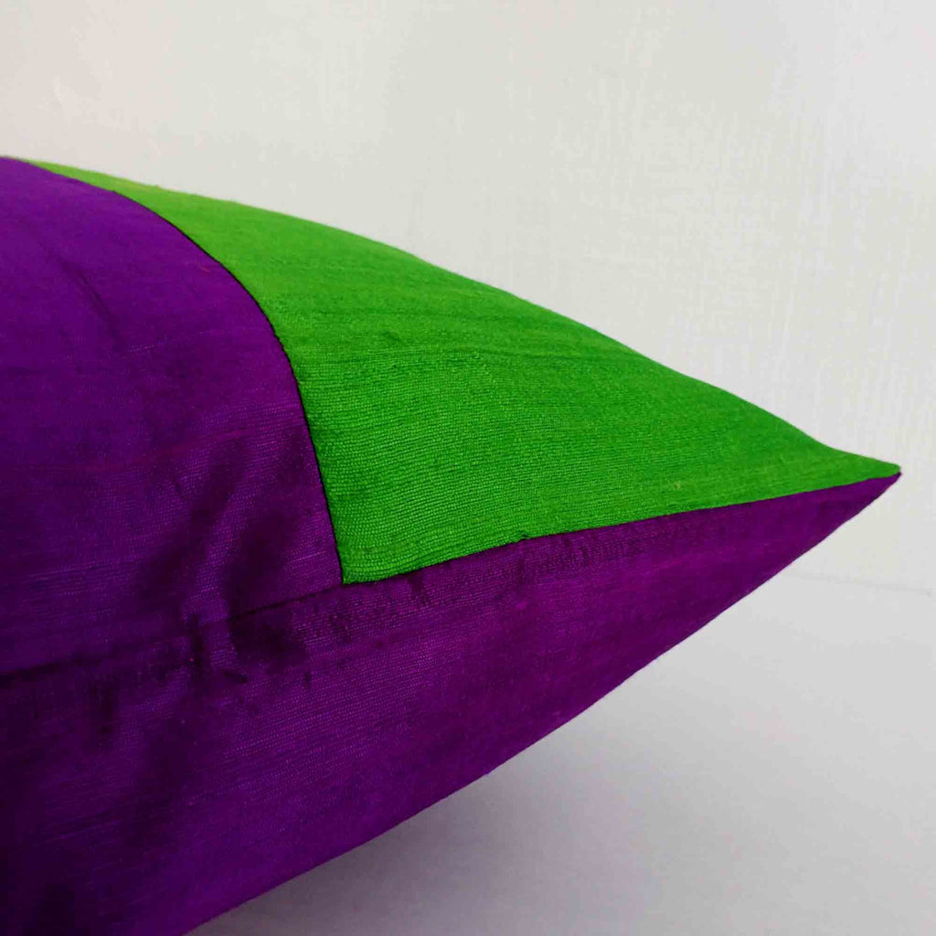 Purple and Emerald Green Color Block Raw Silk Pillow Cover