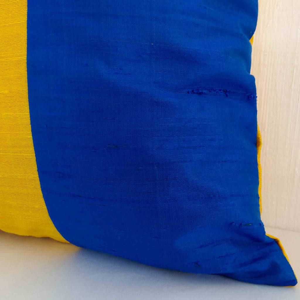 Yellow and Turquoise Blue Colorblock Silk Pillow Cover
