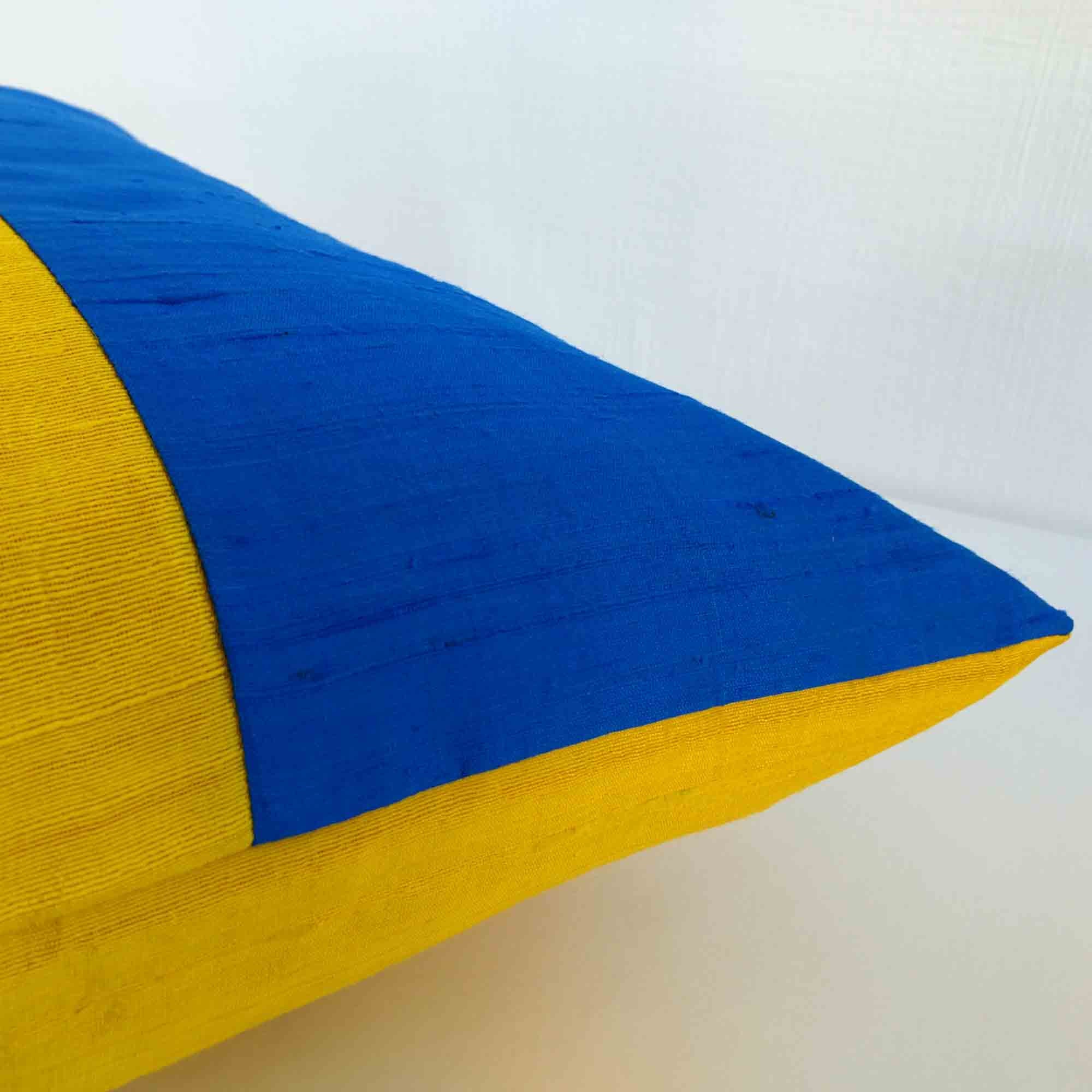 Yellow and Turquoise Blue Colorblock Silk Pillow Cover