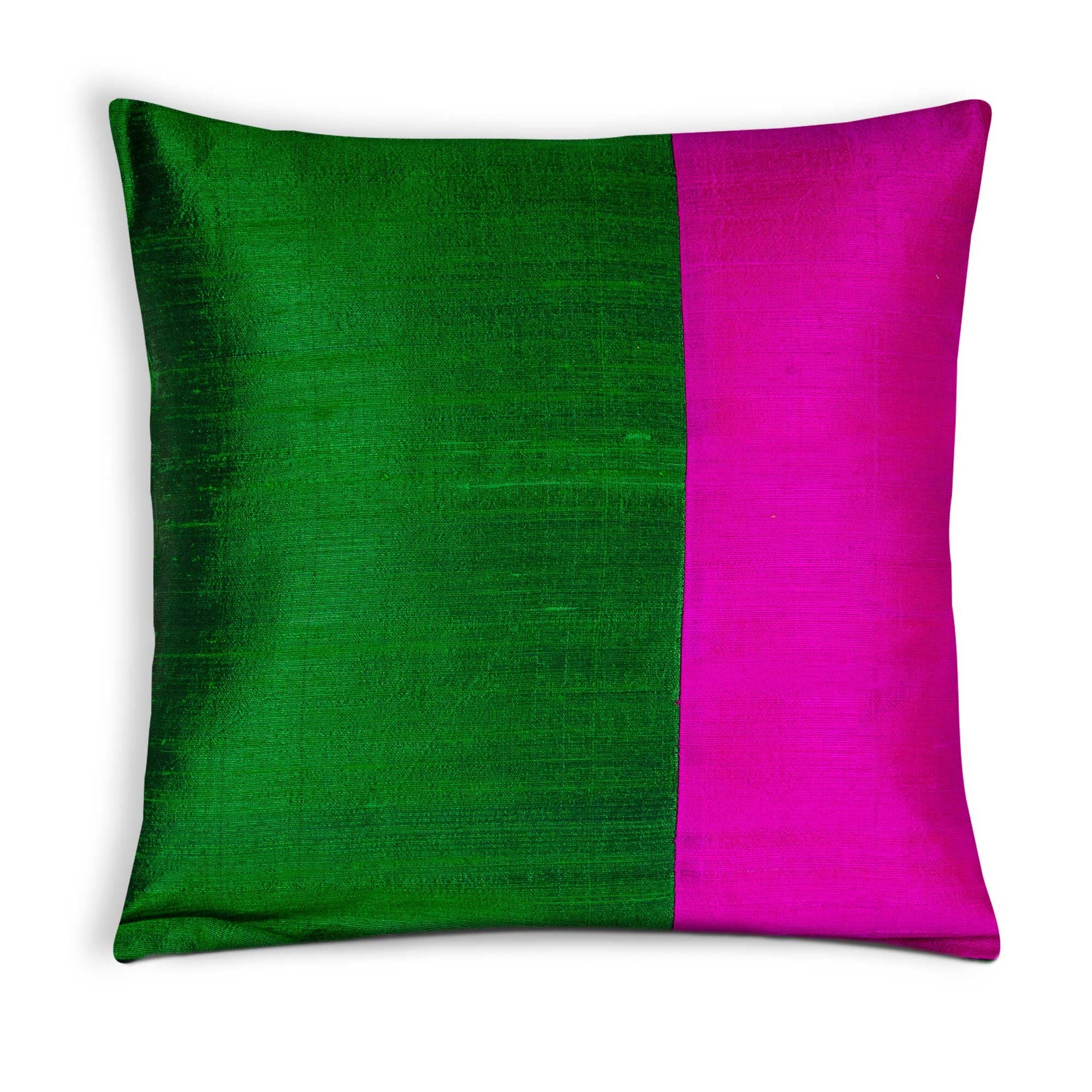 Hot Pink and Emerald Green Color Block Raw Silk Pillow Cover