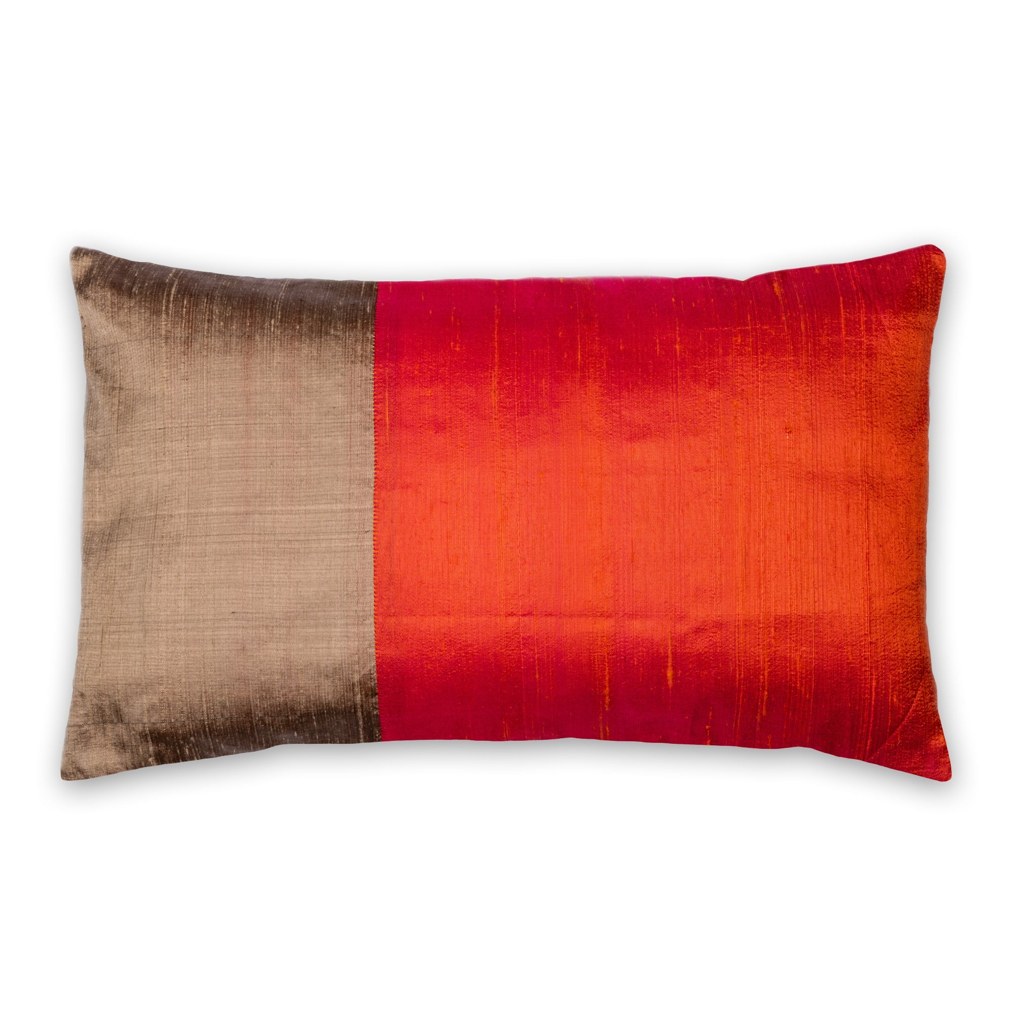 Orange and Mud Color Block Raw Silk Throw Pillow Cover