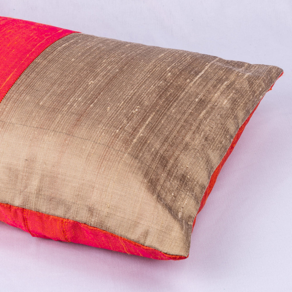 Orange and Mud Color Block Raw Silk Throw Pillow Cover