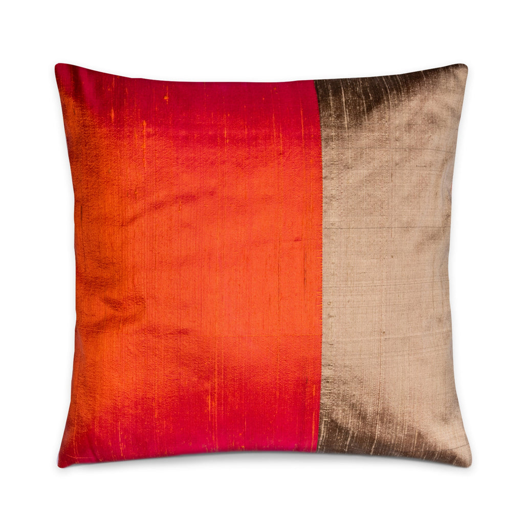 Orange and Mud Color Block Raw Silk Throw Pillow Cover