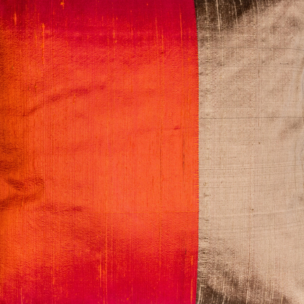 Orange and Mud Color Block Raw Silk Throw Pillow Cover