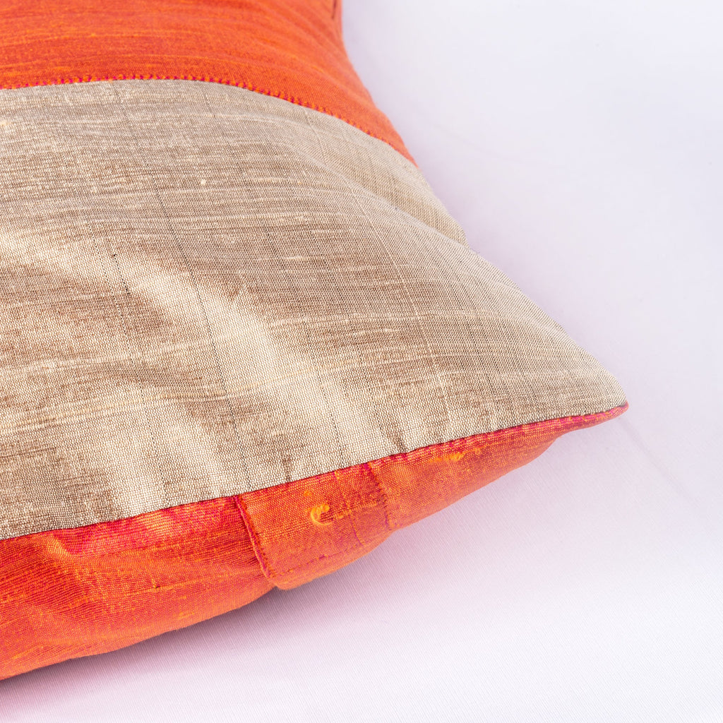 Orange and Mud Color Block Raw Silk Throw Pillow Cover