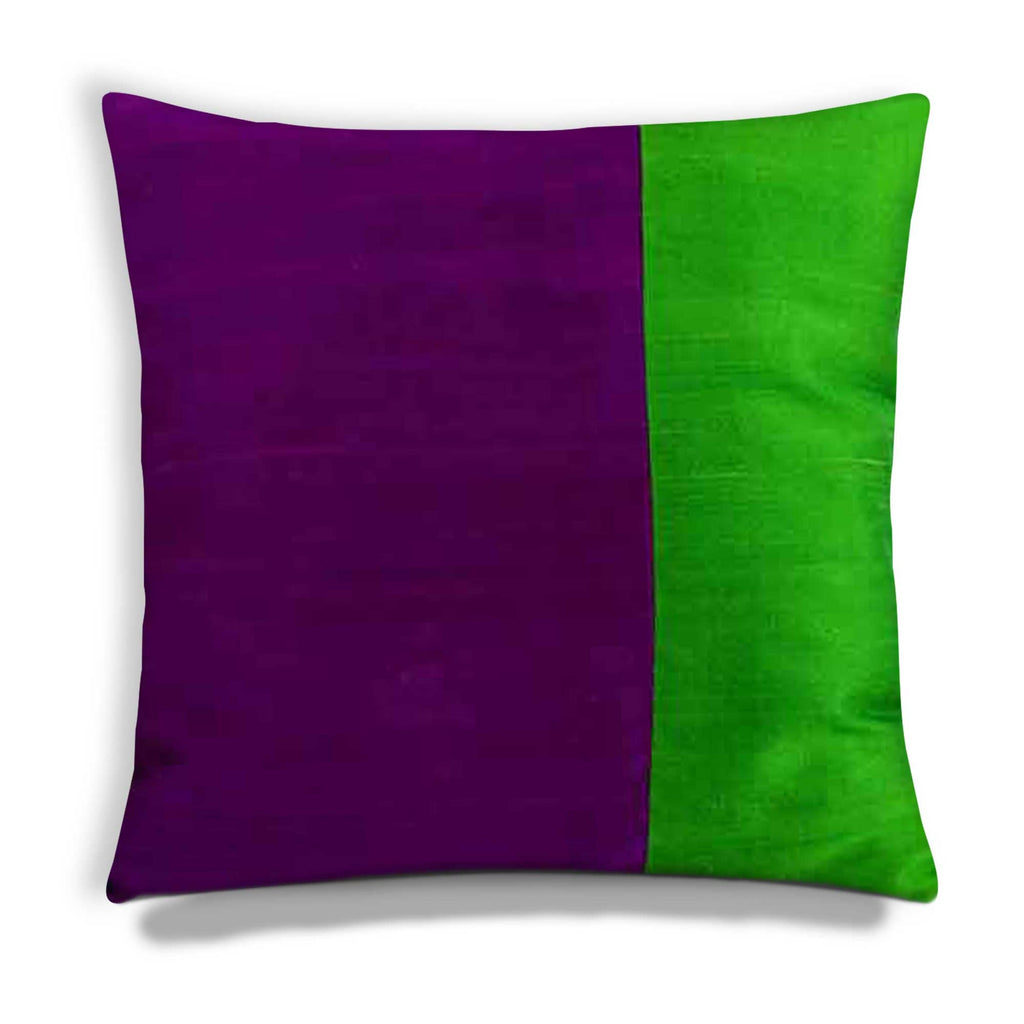 Purple and Emerald Green Color Block Raw Silk Pillow Cover