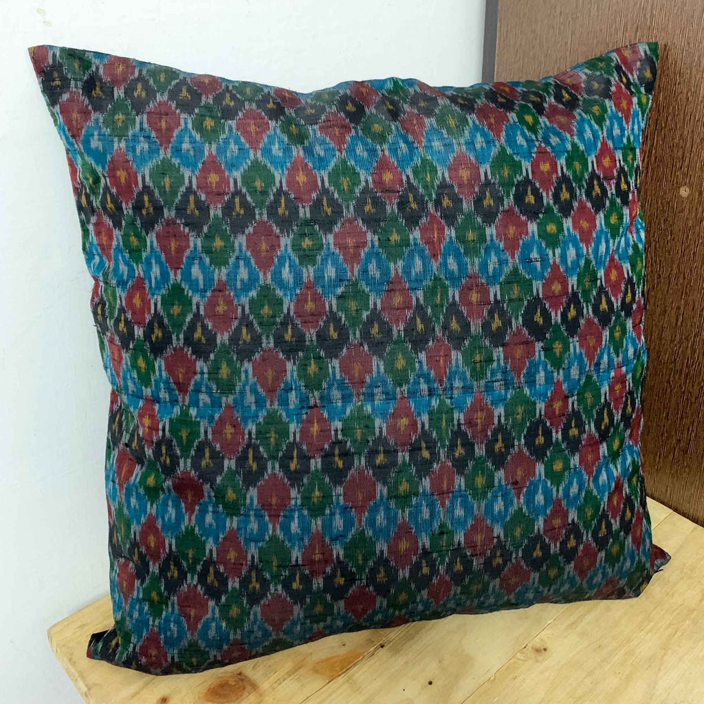Teal and Black Ikat Silk Pillow Cover