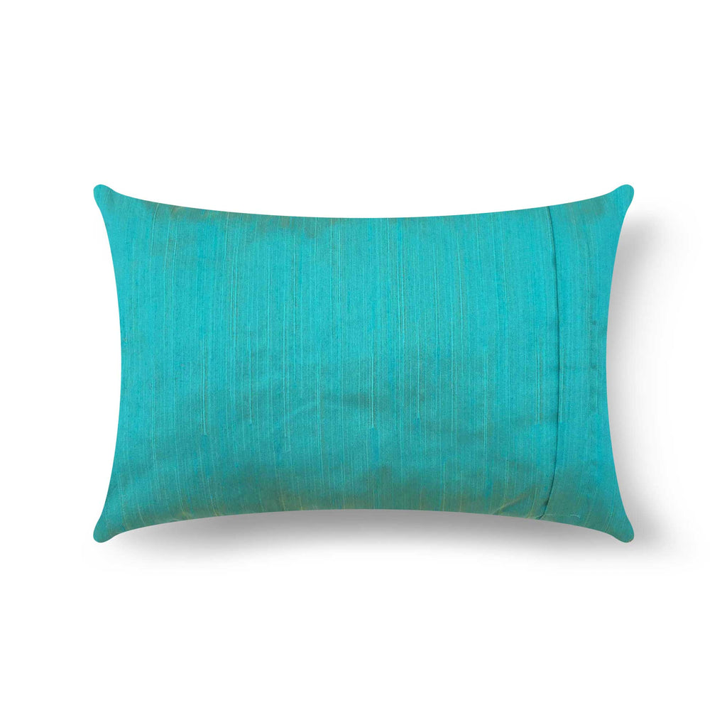 Aqua and Navy Raw Silk Lumbar Pillow Cover