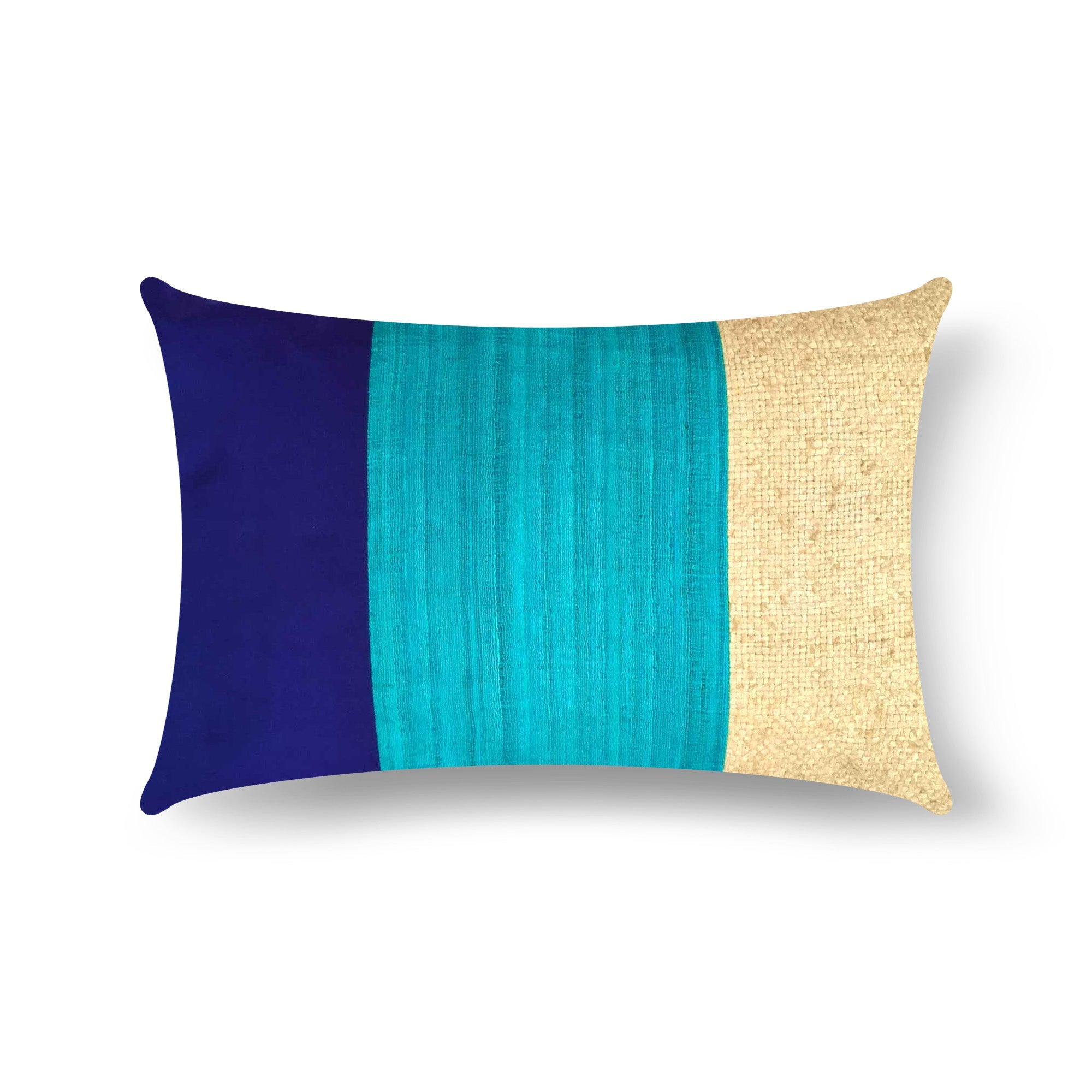 Aqua and Navy Raw Silk Lumbar Pillow Cover