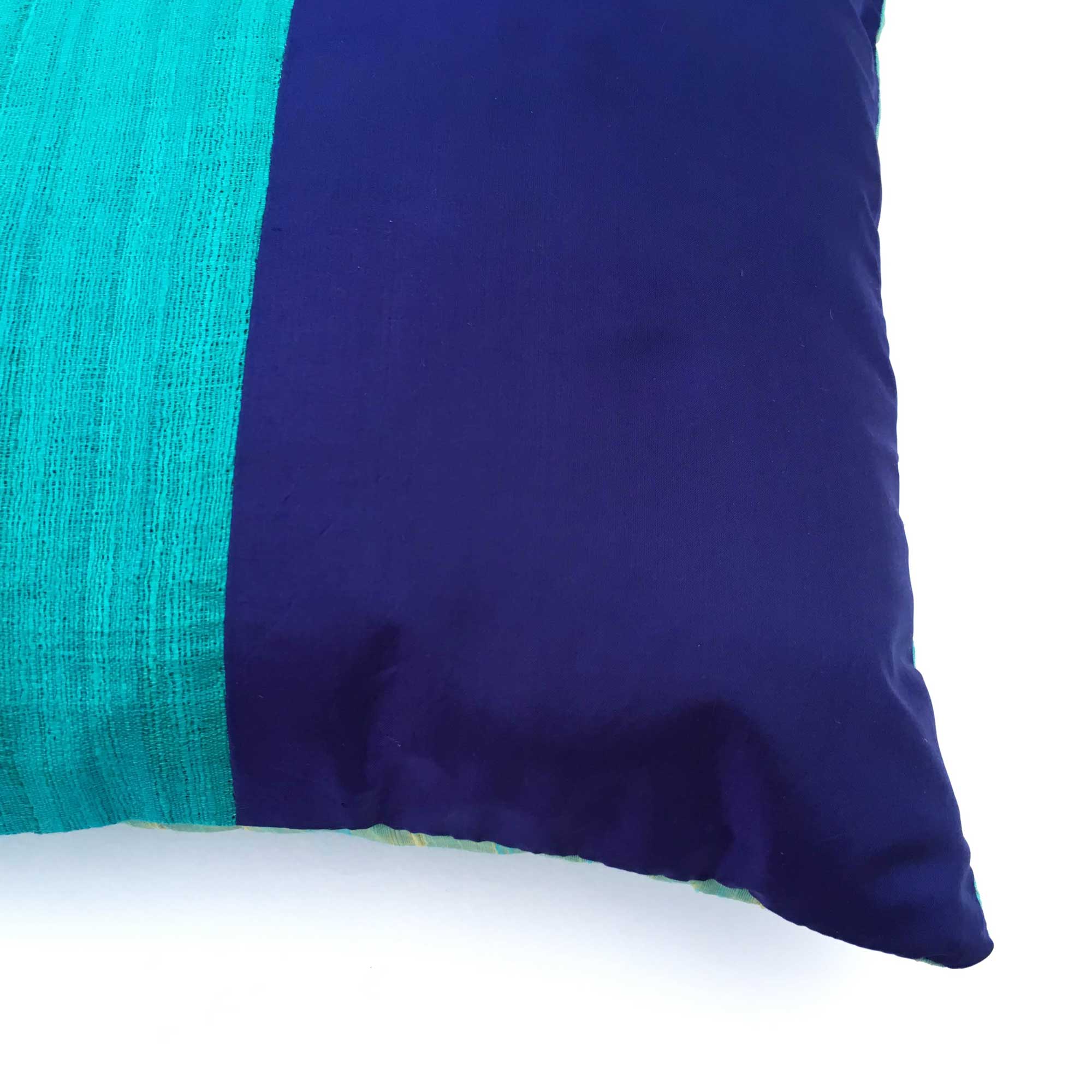 Aqua and Navy Raw Silk Lumbar Pillow Cover